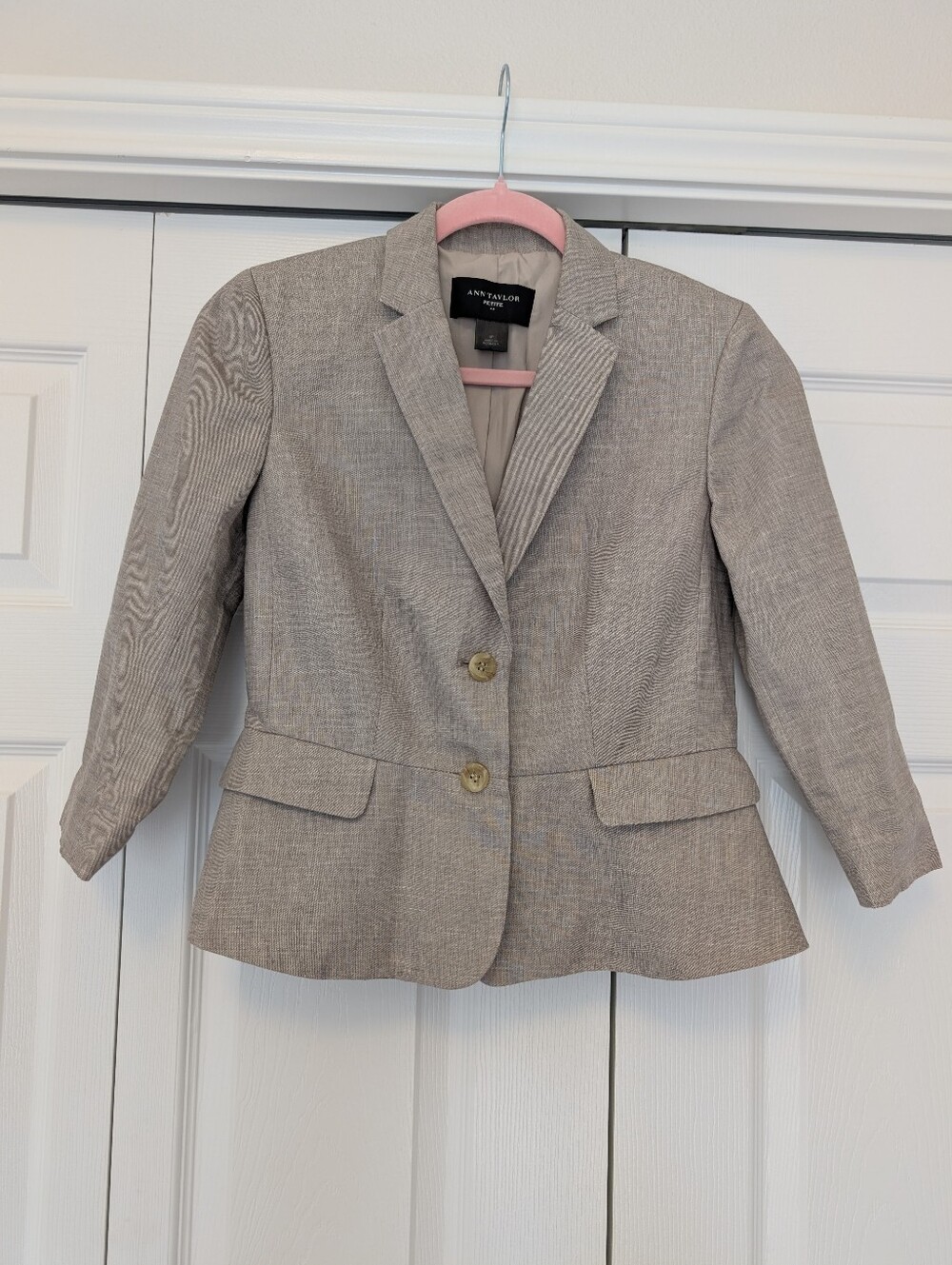 Ann Taylor Linen Cotton Blend Neutral Beige 3/4 Sleeve Blazer Sz 4p